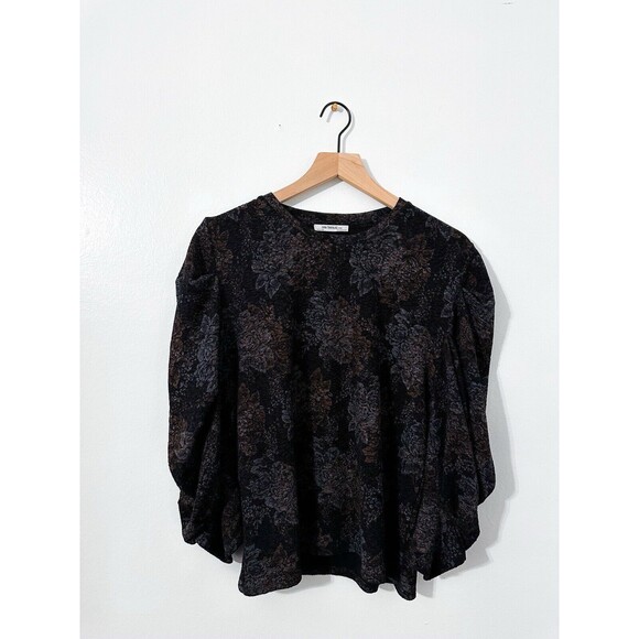 Zara Trafaluc S/S 18 Black Metallic Floral Print Puff Sleeve Top Womens Blouse - Picture 7 of 12